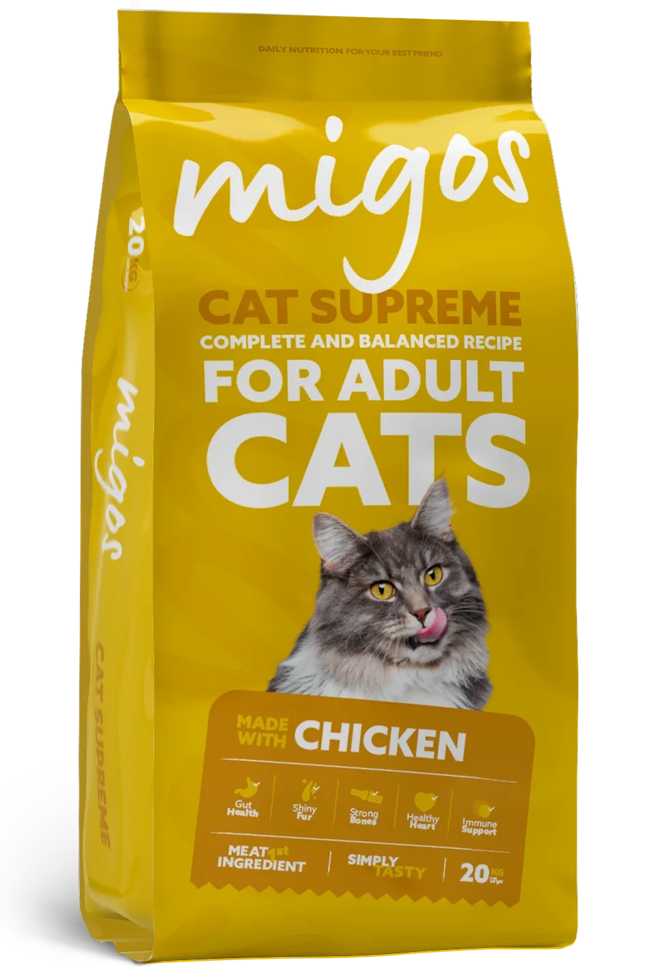 Bag of Migos cat supreme dry food for adult cats, made with chicken, complete and balanced recipe, 20kg.