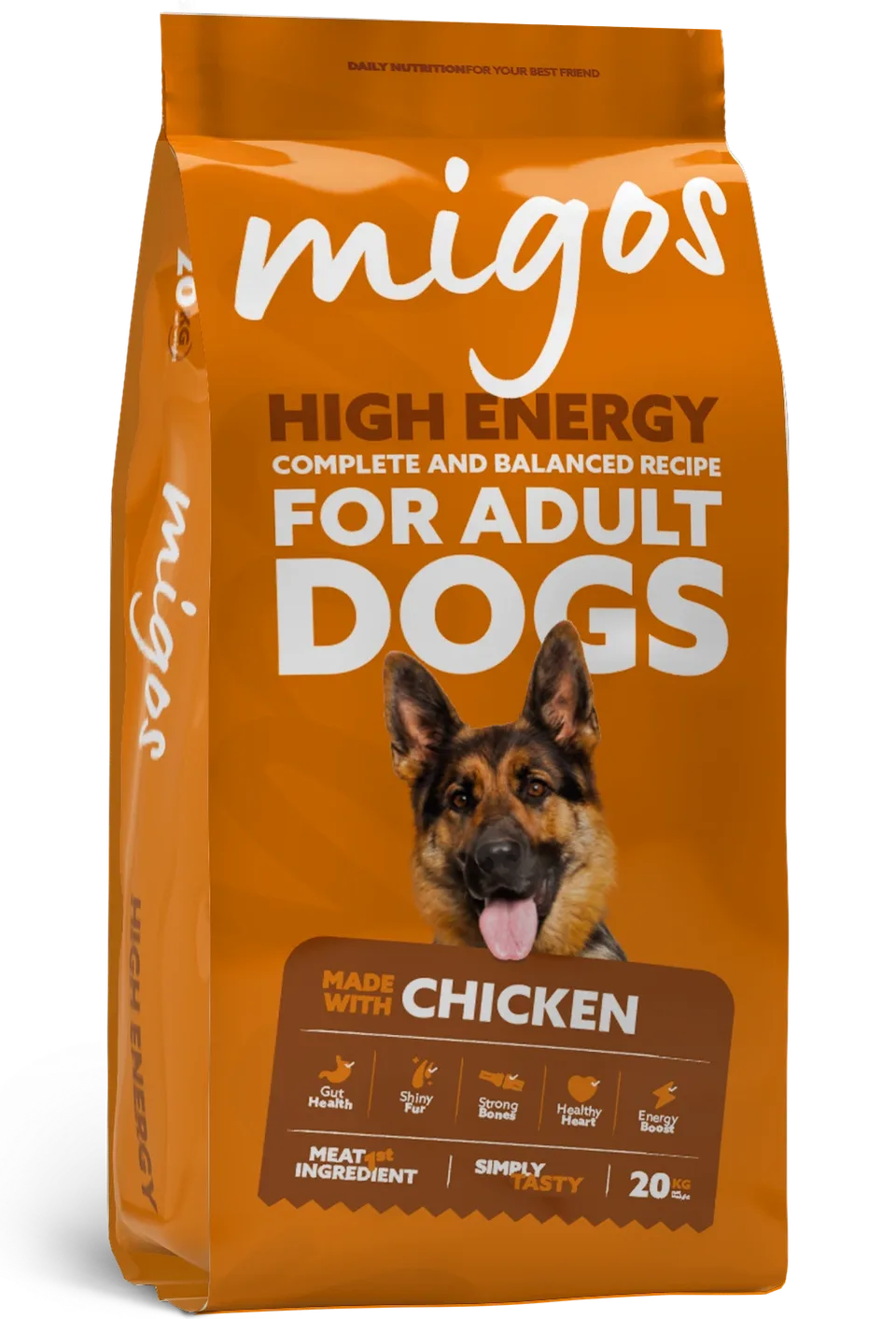 Bag of Migos high energy dry food for adult dogs, made with chicken, complete and balanced recipe, 20kg.