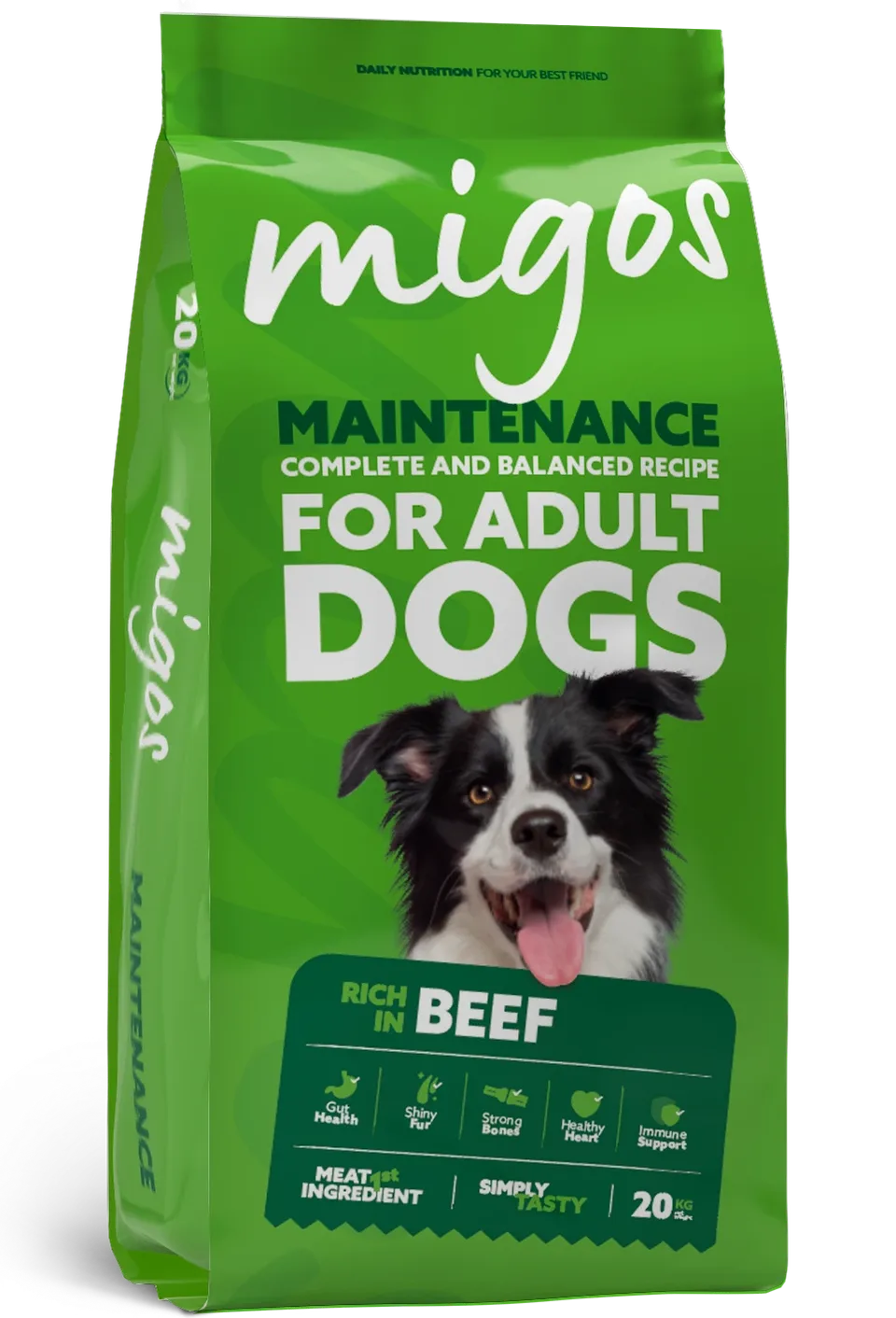 Bag of Migos maintenance dry food for adult dogs, made with beef, complete and balanced recipe, 20kg.