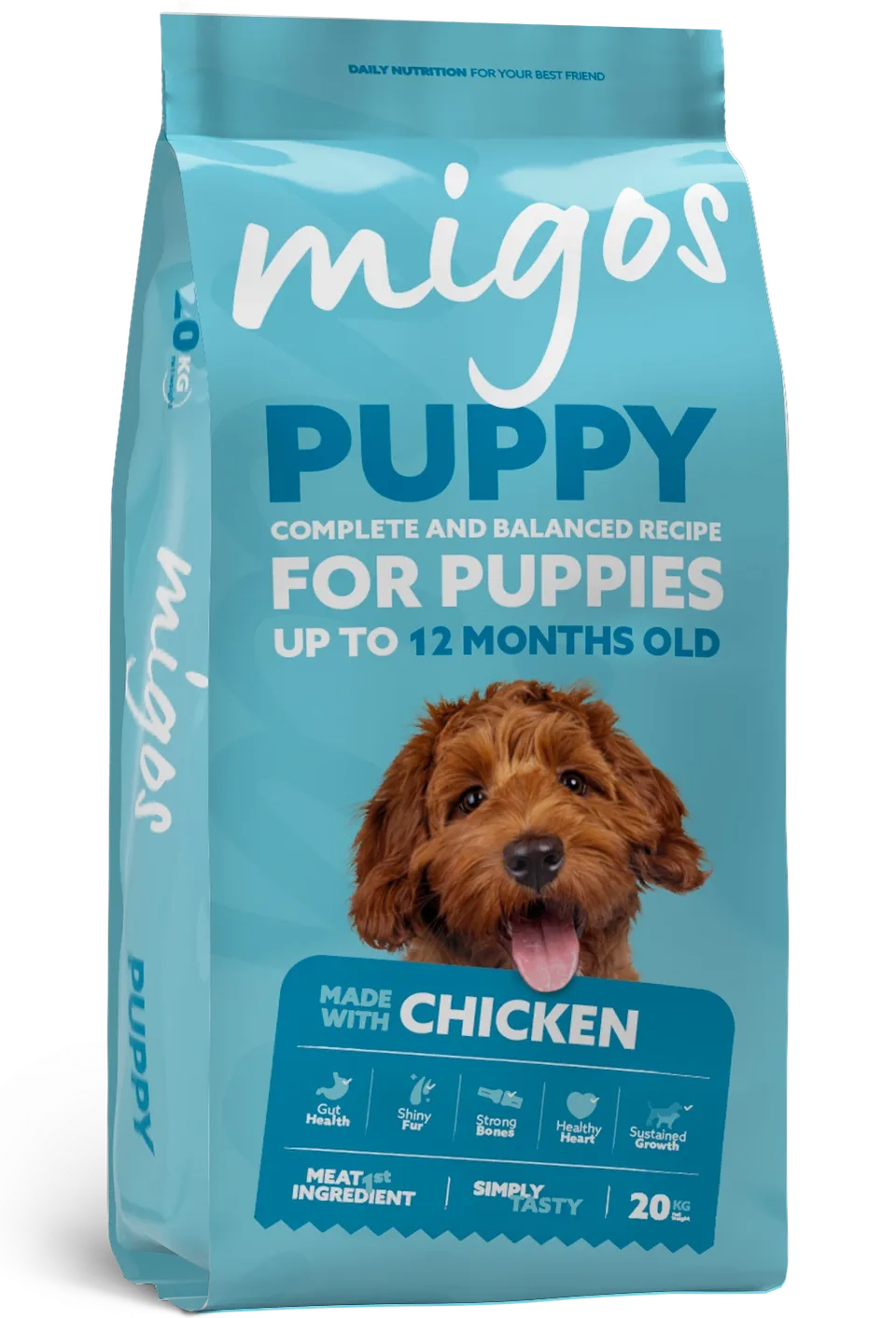 Bag of Migos puppy dry food for puppies, made with chicken, complete and balanced recipe, 20kg.